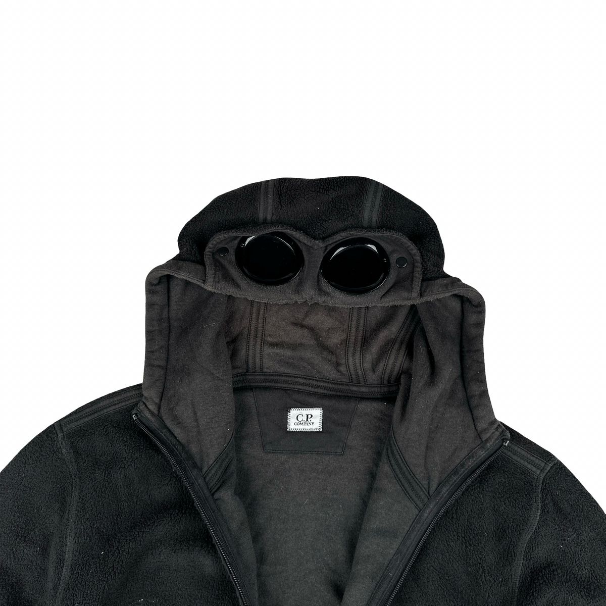CP Company Black Teddy Fleece Goggle Hoodie Jumper - Medium 