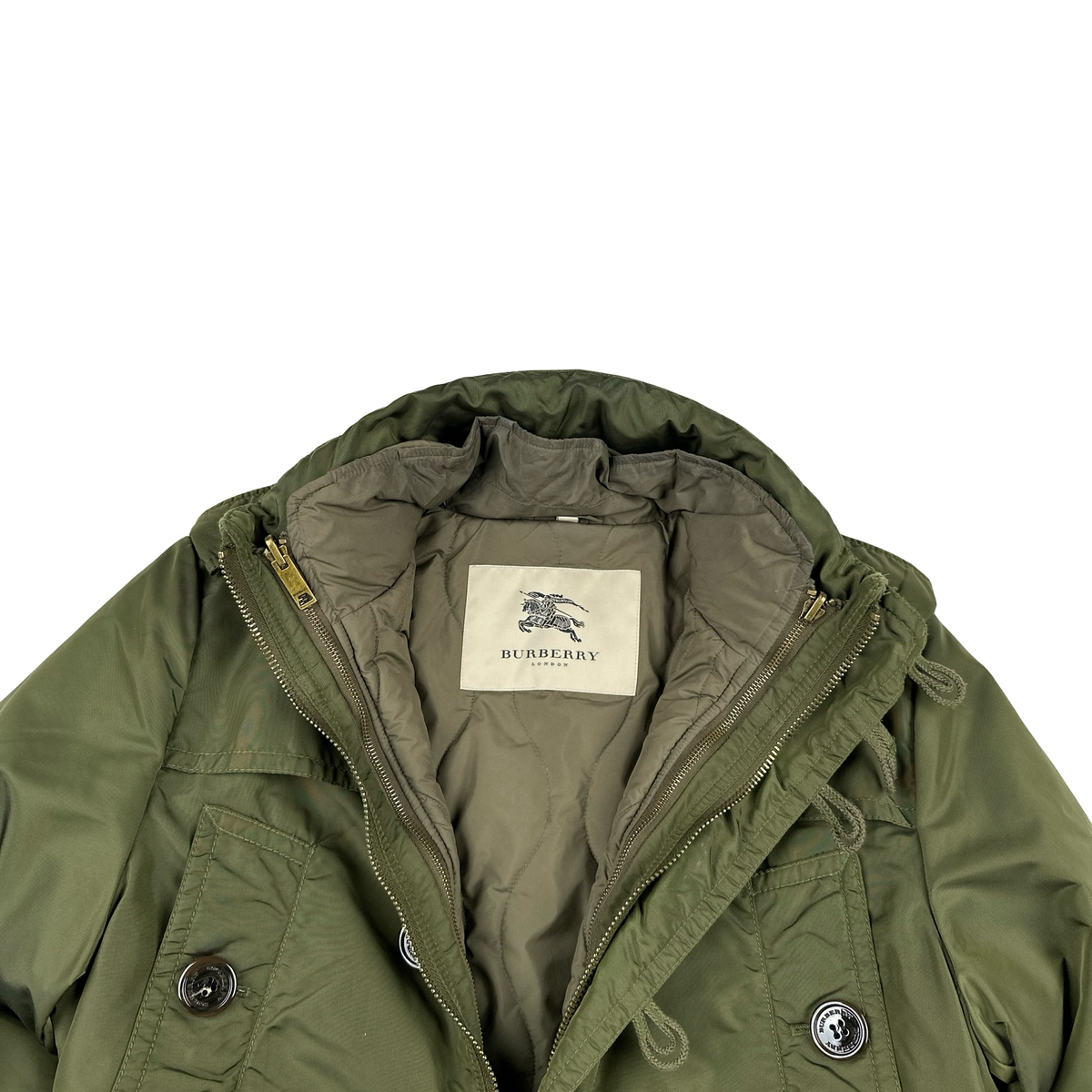 Burberry Green Multi Pocket Quilted Lined Long Jacket - Medium