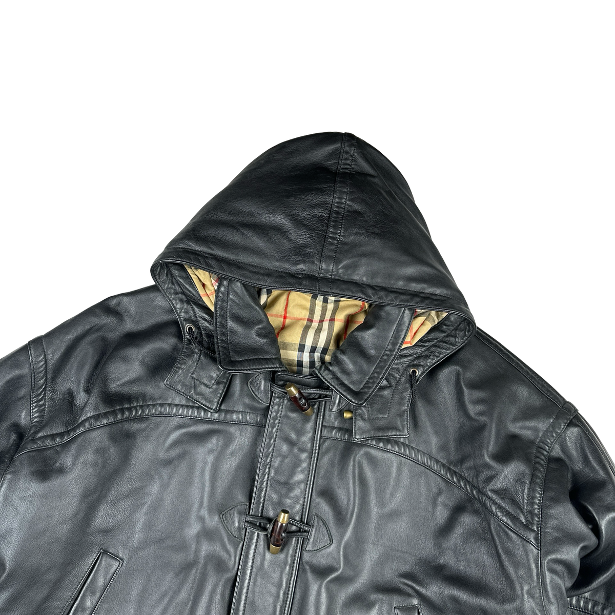 Burberry Leather Nova Check Lined Hooded Heavyweight Jacket