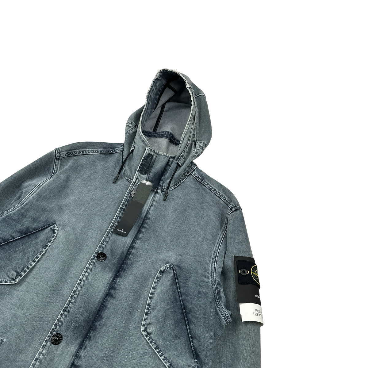 Stone Island 2018 Foam Resin Treated Denim Parka Jacket - Large