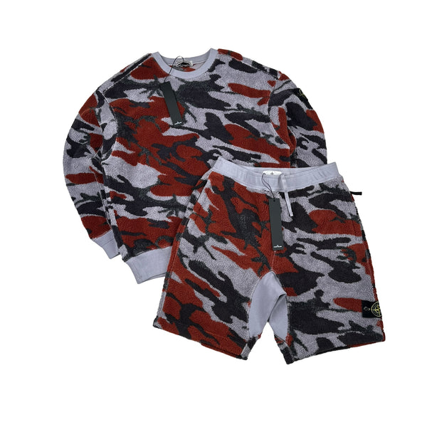 Stone Island 2022 Camo Teddy Fleece Crewneck Shorts Sweatshirt - Medium