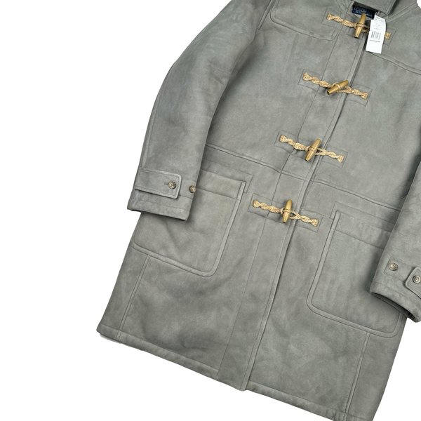 Ralph Lauren Grey Suede Lambs Shearling Lining Duffle Hooded Jacket - Large