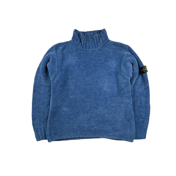 Stone Island 2001 Blue Chenille Knit Vintage Roll Neck Jumper - Large
