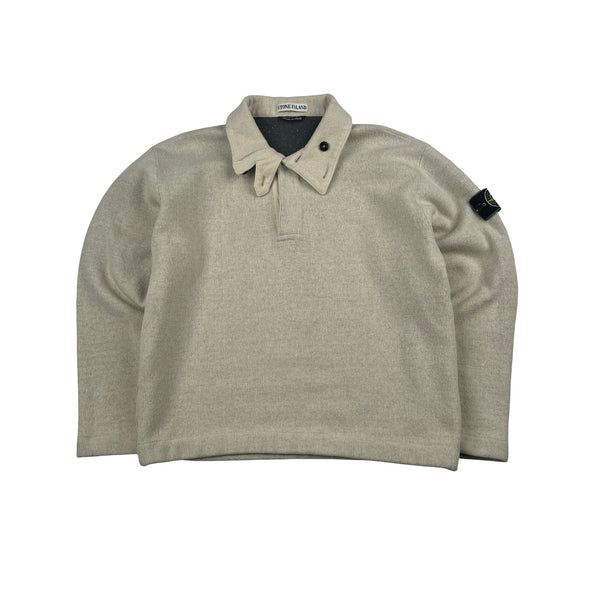 Stone Island 1998 Cream Vintage Wool Blend Buttoned Neck Jumper - Large