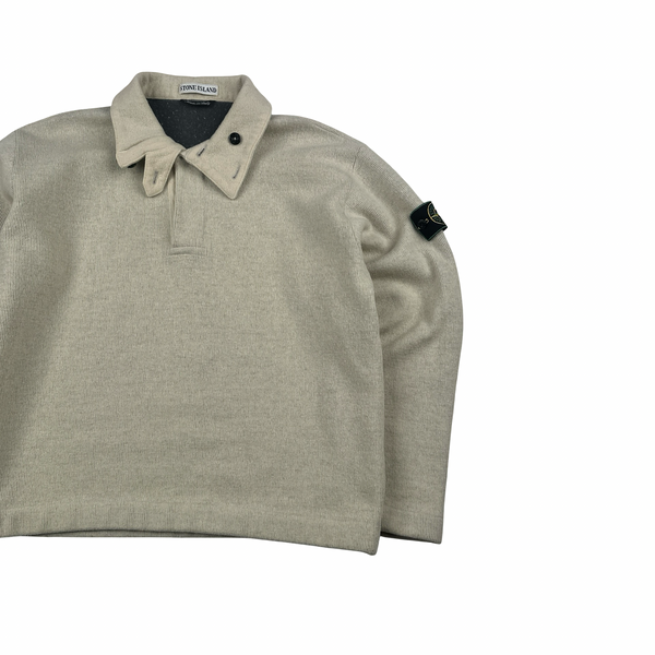 Stone Island 1998 Cream Vintage Wool Blend Buttoned Neck Jumper - Large
