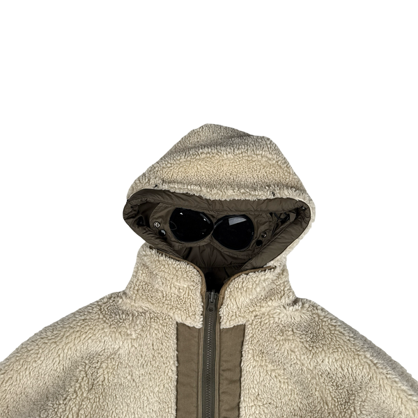 CP Company Reversible Thick Nylon Khaki Goggle Fleece Lined Hooded Jacket - Large