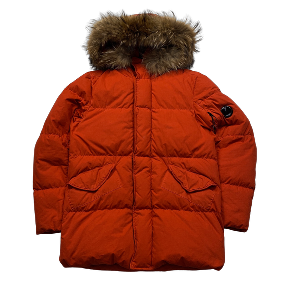 CP Company Orange 50 Fili Down Filled Coyote Fur Parka Jacket - Small