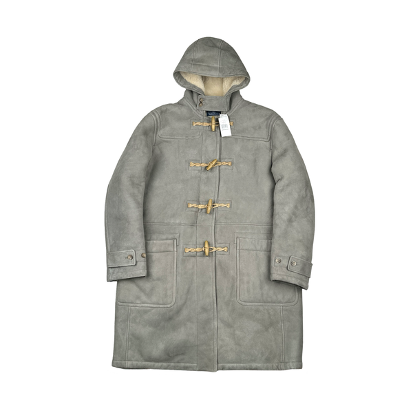 Ralph Lauren Grey Suede Lambs Shearling Lining Duffle Hooded Jacket - Large