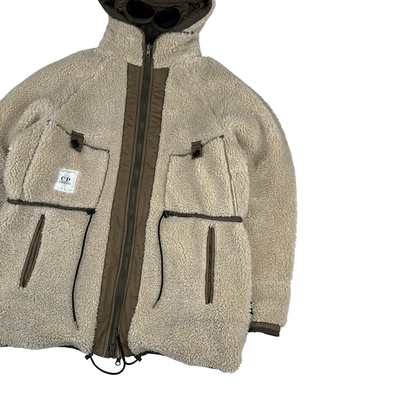 CP Company Reversible Thick Nylon Khaki Goggle Fleece Lined Hooded Jacket - Large