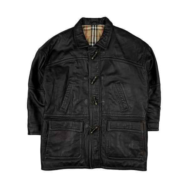 Burberry Leather Nova Check Lined Collared Duffle Coat - Large