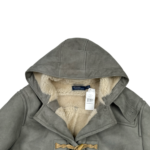 Ralph Lauren Grey Suede Lambs Shearling Lining Duffle Hooded Jacket - Large