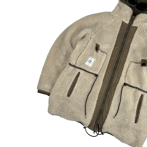 CP Company Reversible Thick Nylon Khaki Goggle Fleece Lined Hooded Jacket - Large