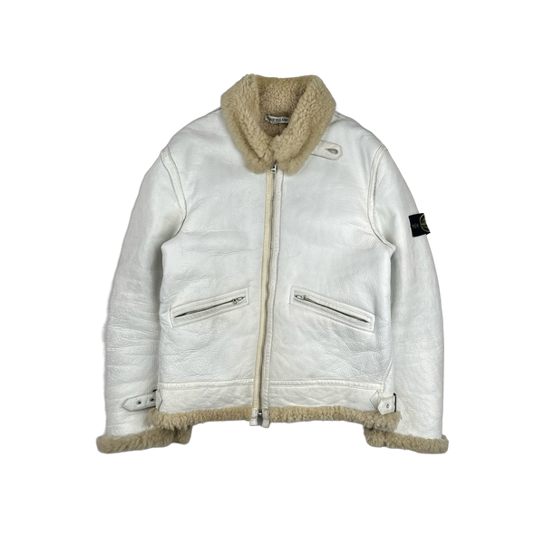 Stone Island 2005 White Hand Painted Lambskin Leather Thick Shearling Jacket - XL