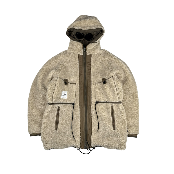 CP Company Reversible Thick Nylon Khaki Goggle Fleece Lined Hooded Jacket - Large