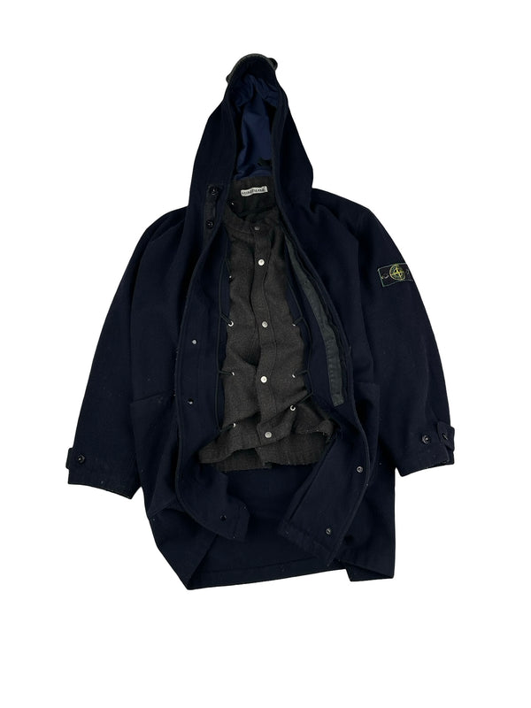 Stone Island 1998 Navy Green Edge Wool Long Parka Jacket - Large