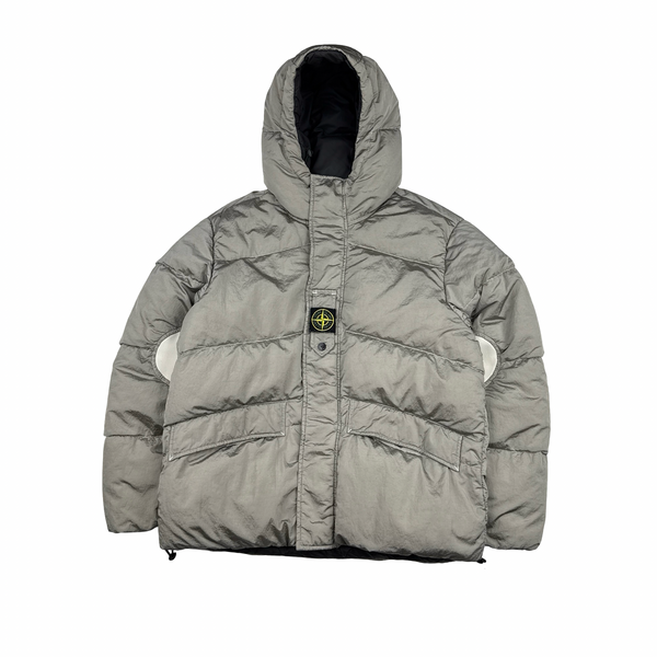 Stone Island 2023 Silver Grey/Black Reversible Nylon Metal Down Centre Badge Puffer Jacket - Medium