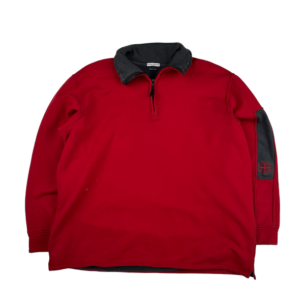 Stone Island 2003 Red  Compass Stretch Cotton Fleece Lined Quarter Zip Jumper - XXL