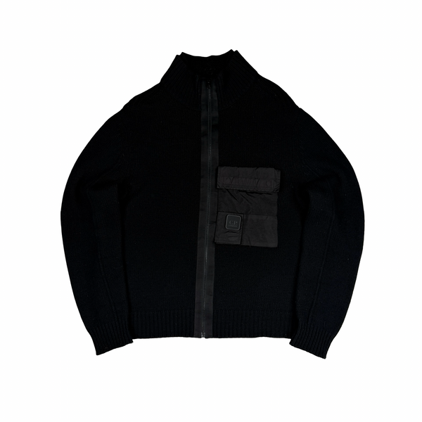 CP Company Mock Neck Black Wool Knit Chest Pocket Zip Jacket - XXL (54)