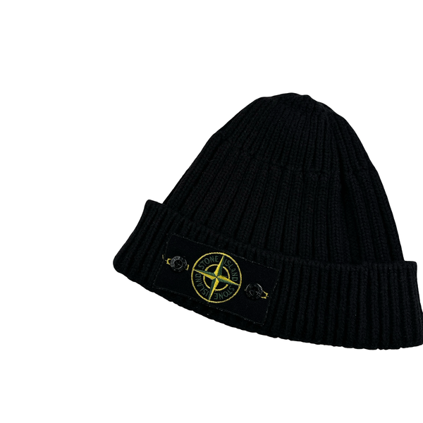 Stone Island Black Ribbed Wool Badge Beanie