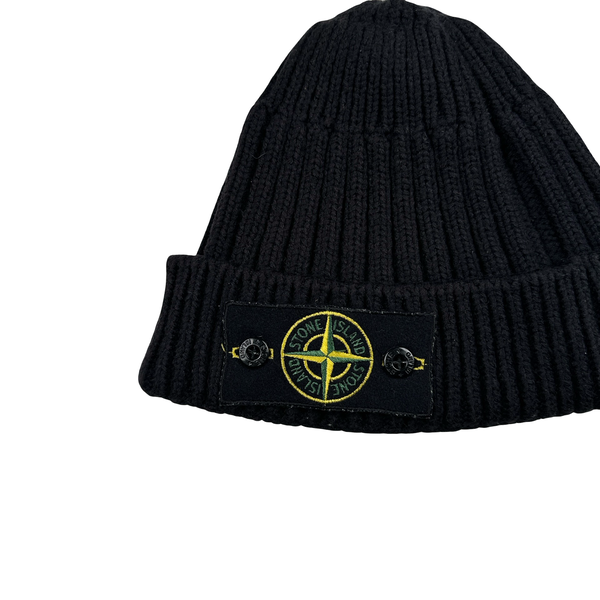 Stone Island Black Ribbed Wool Badge Beanie