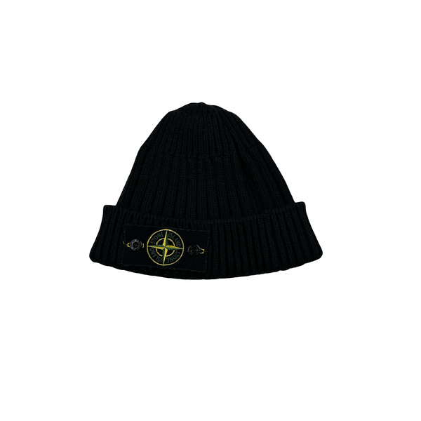 Stone Island Black Ribbed Wool Badge Beanie