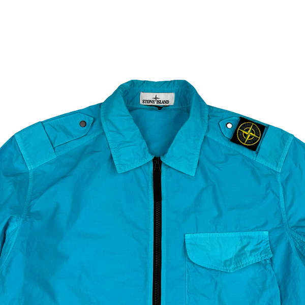 Stone Island 2020 Aqua Blue Single Chest Pocket Full Zip Nylon Overshirt - Large