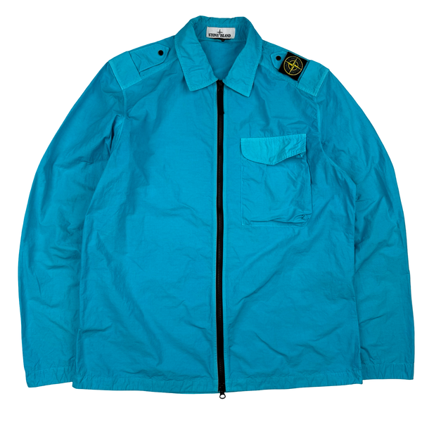 Stone Island 2020 Aqua Blue Single Chest Pocket Full Zip Nylon Overshirt - Large