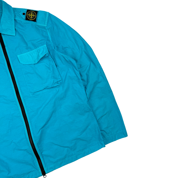 Stone Island 2020 Aqua Blue Single Chest Pocket Full Zip Nylon Overshirt - Large