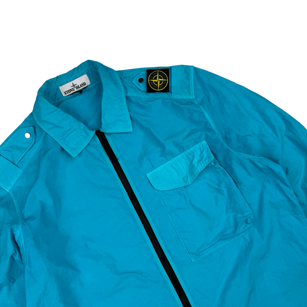 Stone Island 2020 Aqua Blue Single Chest Pocket Full Zip Nylon Overshirt - Large