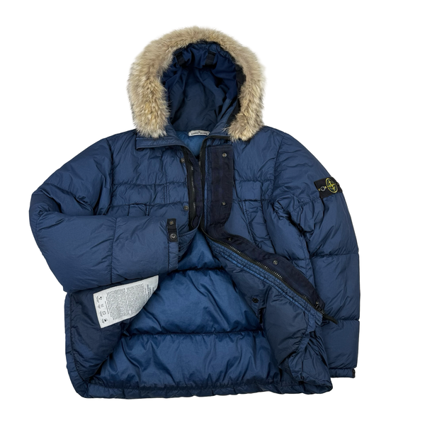 Stone Island 2015 Fur Trim Blue Crinkle Reps Puffer Jacket - XXL