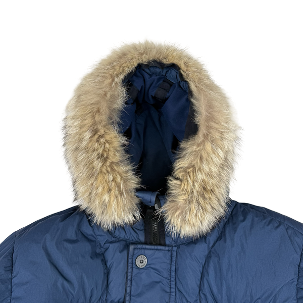 Stone Island 2015 Fur Trim Blue Crinkle Reps Puffer Jacket - XXL