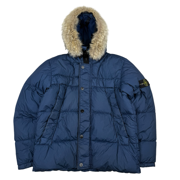 Stone Island 2015 Fur Trim Blue Crinkle Reps Puffer Jacket - XXL