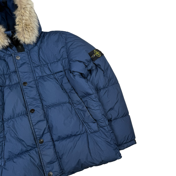 Stone Island 2015 Fur Trim Blue Crinkle Reps Puffer Jacket - XXL