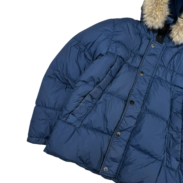 Stone Island 2015 Fur Trim Blue Crinkle Reps Puffer Jacket - XXL