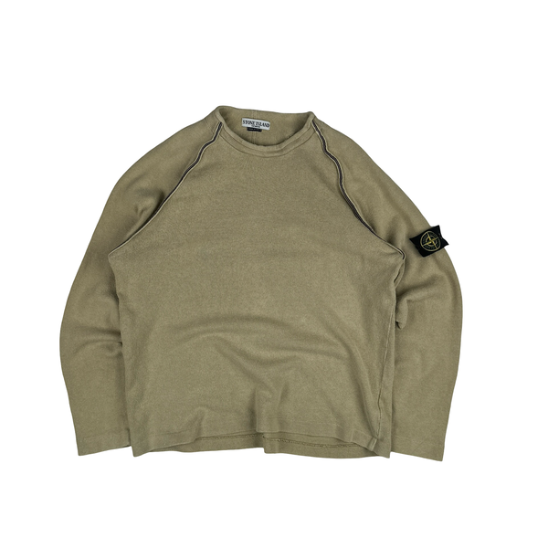 Stone Island 2003 Tan Mock Neck Ribbed Cotton Pullover - XL