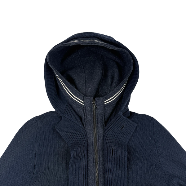 Stone Island 2009 Navy Lined Hood Zipped Wool Knit - Large