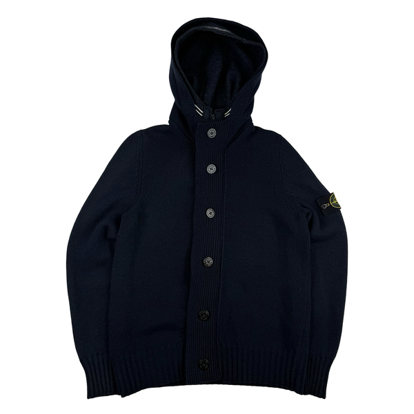 Stone Island 2009 Navy Lined Hood Zipped Wool Knit - Large