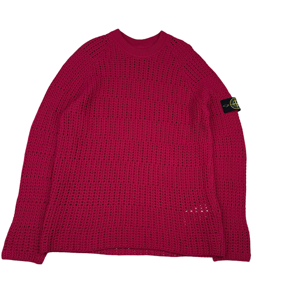 Stone Island 2022 Cerise Thick Woven Cotton Flax Knit Crewneck Jumper - Large
