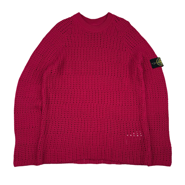 Stone Island 2022 Cerise Thick Woven Cotton Flax Knit Crewneck Jumper - Large