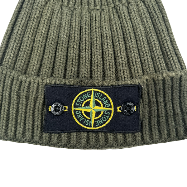 Stone Island Khaki Green Ribbed Wool Badge Beanie