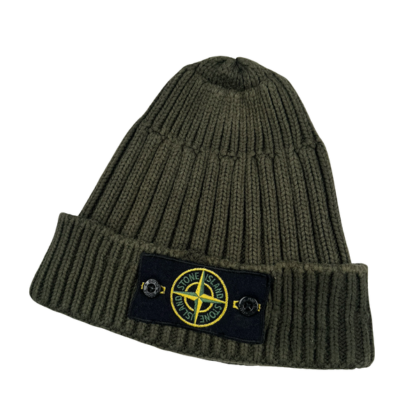 Stone Island Khaki Green Ribbed Wool Badge Beanie