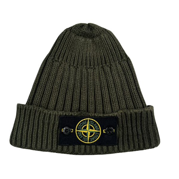 Stone Island Khaki Green Ribbed Wool Badge Beanie