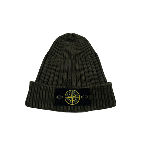 Stone Island Khaki Green Ribbed Wool Badge Beanie