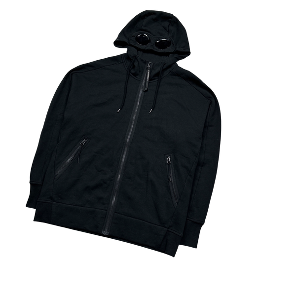 CP Company Black Cotton Zipped Goggle Hoodie - Large