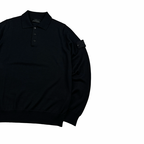 Stone Island 2024 Black Ghost Wool Light Knit Crewneck Buttoned Jumper - Small
