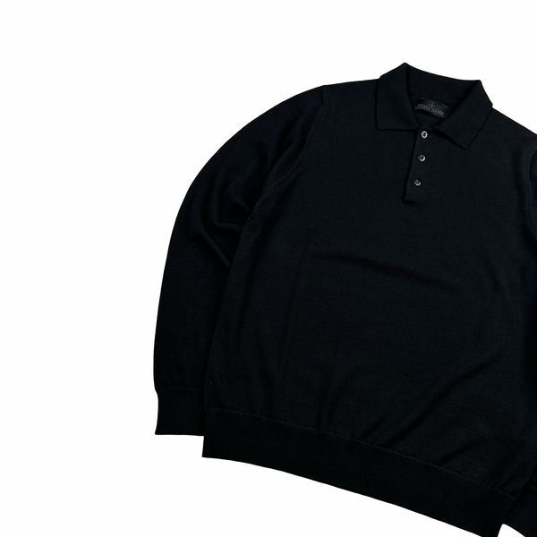 Stone Island 2024 Black Ghost Wool Light Knit Crewneck Buttoned Jumper - Small