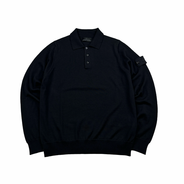 Stone Island 2024 Black Ghost Wool Light Knit Crewneck Buttoned Jumper - Small