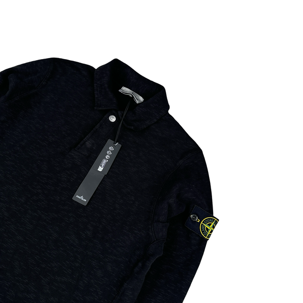 Stone Island 2025 Black Brushed Organic Heavy Cotton Longsleeve Polo Jumper - Small & Large