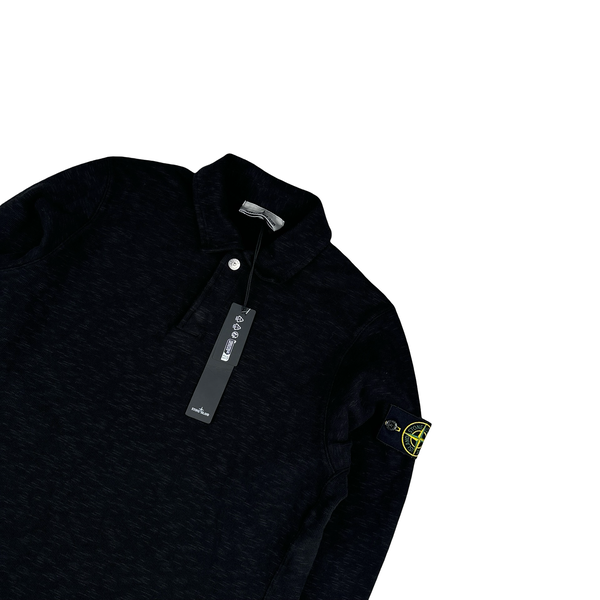 Stone Island 2025 Black Brushed Organic Heavy Cotton Longsleeve Polo Jumper - Small & Large