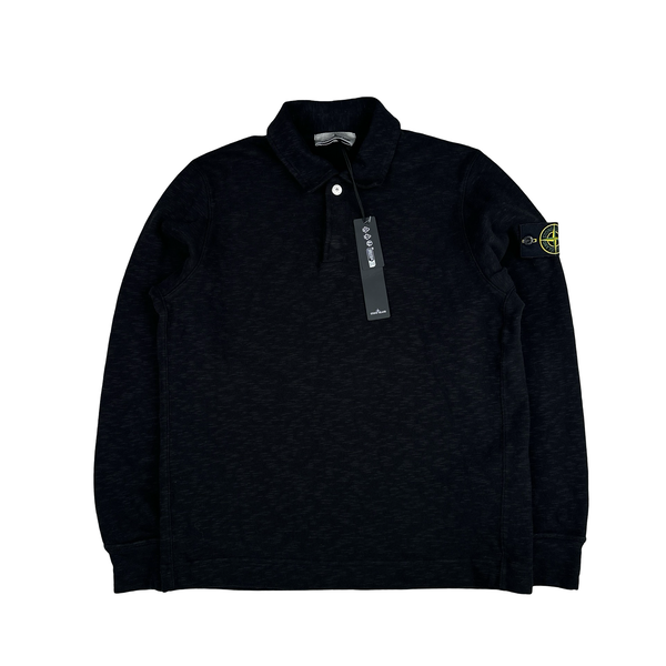 Stone Island 2025 Black Brushed Organic Heavy Cotton Longsleeve Polo Jumper - Small & Large
